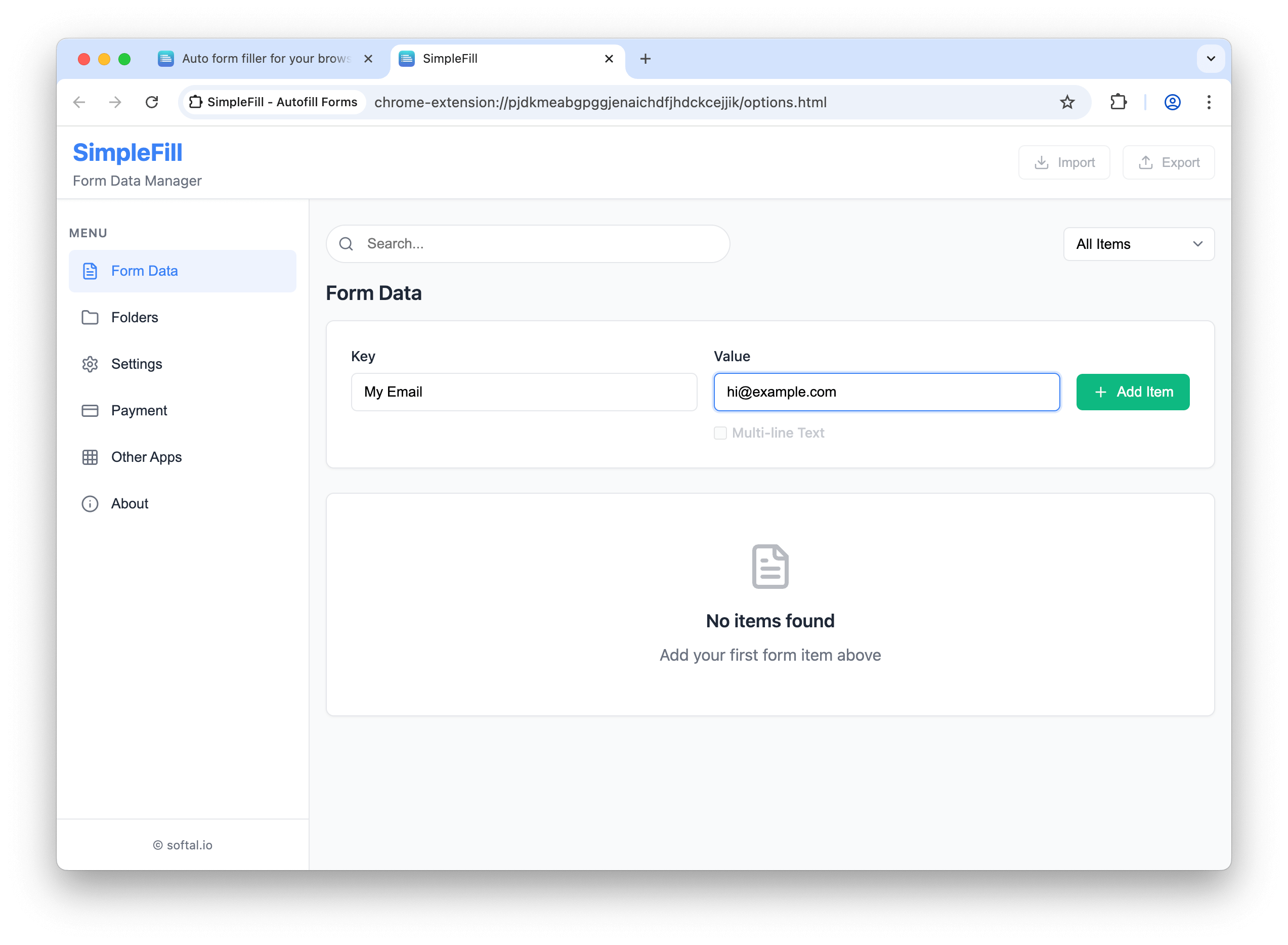 SimpleFill add form data dialog