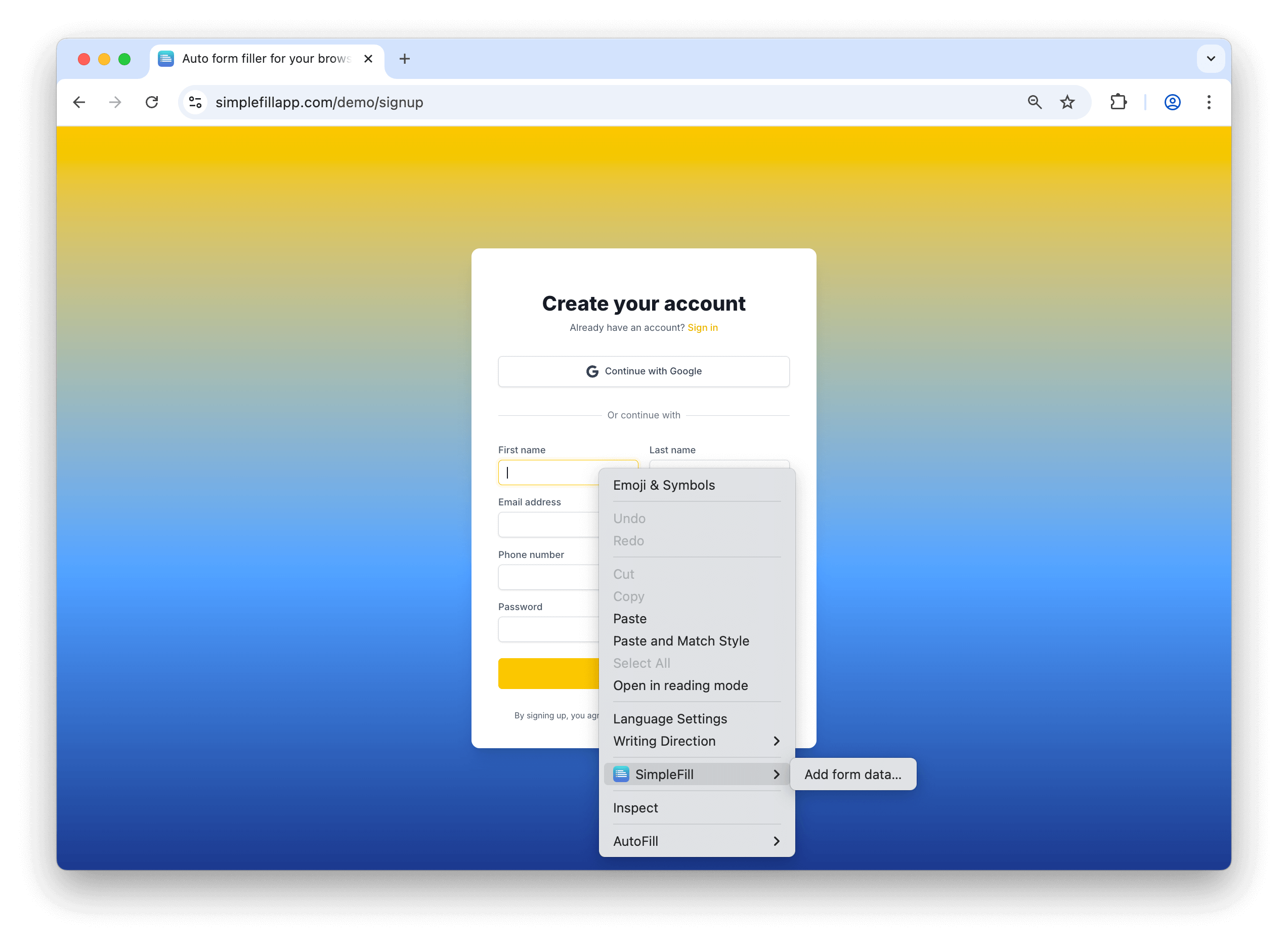 SimpleFill's context menu on a signup form